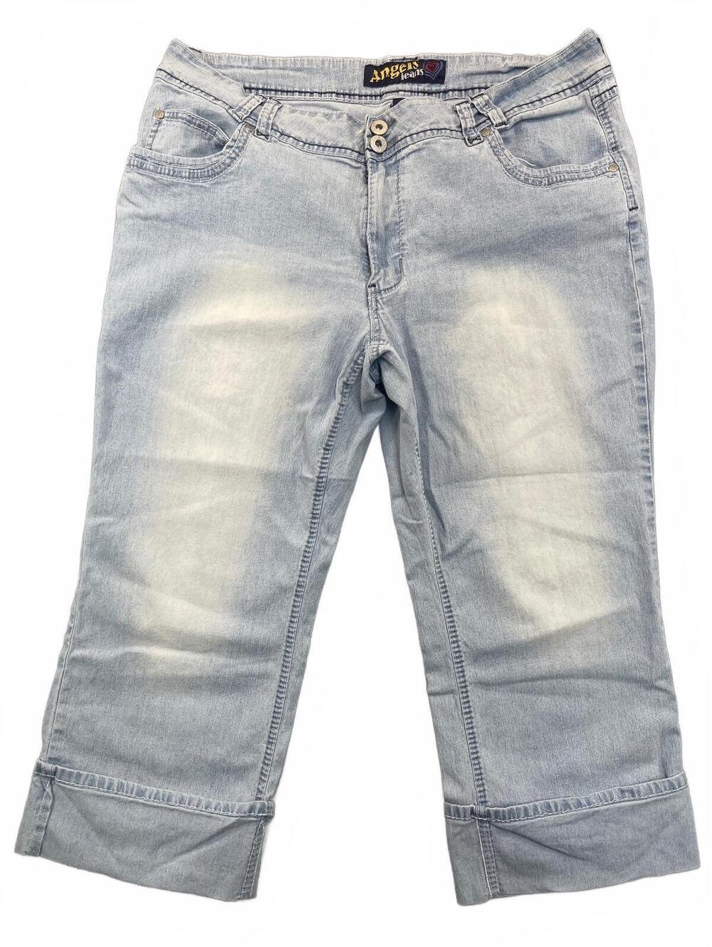 Angels Jeans Womens Y2K Light Wash Cuffed Capri Jeans Stretch Double Button